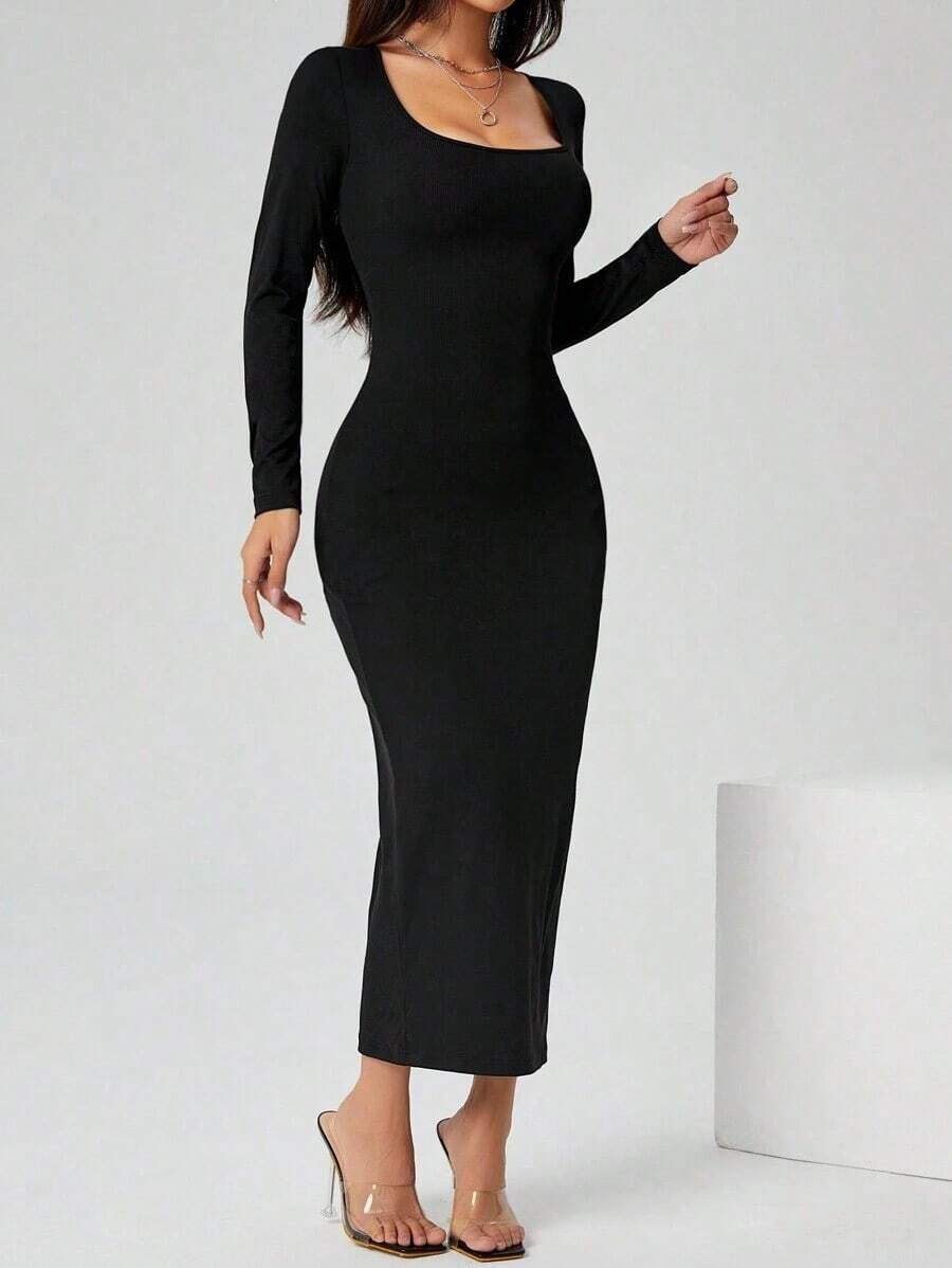 Vestido largo de manga larga con cuello cuadrado color negro sólido ajustado, vestido elegante de manga larga para mujer con cuello cuadrado, ajuste ceñido, manga recta, liso, para uso diario casual en primavera/otoño - Negro - Ver 1