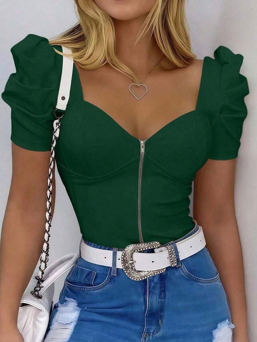 Camiseta ajustada de manga corta con cuello en V sexy y cremallera delantera - Verde Oscuro - Ver 1