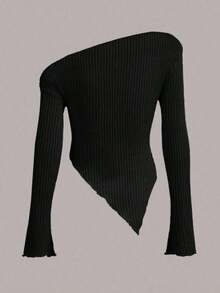 ICON Camiseta con cuello asimétrico y ribete de lechuga, estilo Y2K grunge - Negro - Ver 2