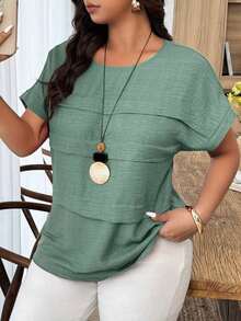 Blusa holgada de mujer talla grande con cuello redondo, mangas de murciélago y lunares en contraste, adecuada para uso diario y vacaciones, primavera/verano - Verde militar - Ver 1