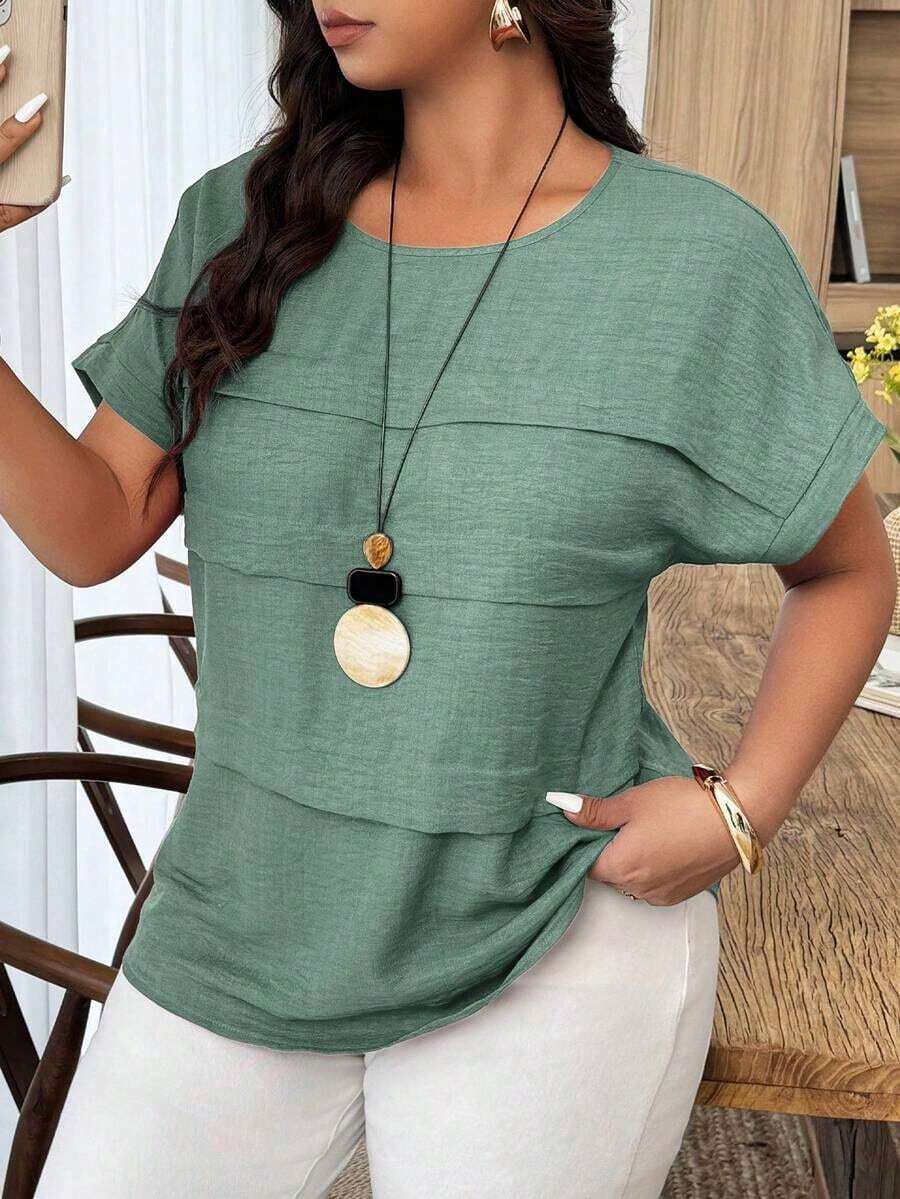Blusa holgada de mujer talla grande con cuello redondo, mangas de murciélago y lunares en contraste, adecuada para uso diario y vacaciones, primavera/verano - Verde militar - Ver 1