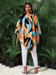 Blusa suelta y elegante de cuello redondo y manga 3/4 con acabado metálico sólido para mujer de talla grande.Atuendo de invierno térmico para Día de San Valentín, Año Nuevo y vacaciones, con estampado animal. - Multicolor - Ver 3