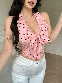 Elegante camiseta de tirantes con cuello halter, volantes y lunares estilo francés - Multicolor 5 - Ver 6