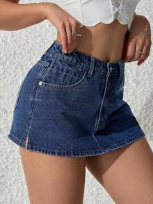 Pantalones cortos de mezclilla casuales y versátiles de unicolor con bolsillo para mujer - Azul lavado medio - Ver 3