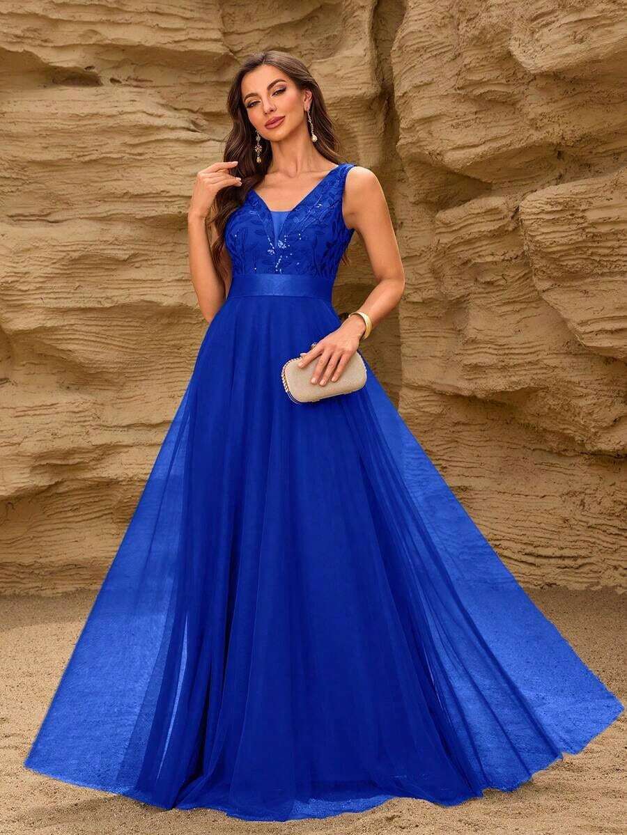 Vestido de dama de honor formal de línea A con escote en V sin mangas, bordado y de malla, vestido de fiesta elegante, vestido de invitado de boda formal, vestido de ceremonia de graduación, vestido de noche de primavera - azul real - Ver 1