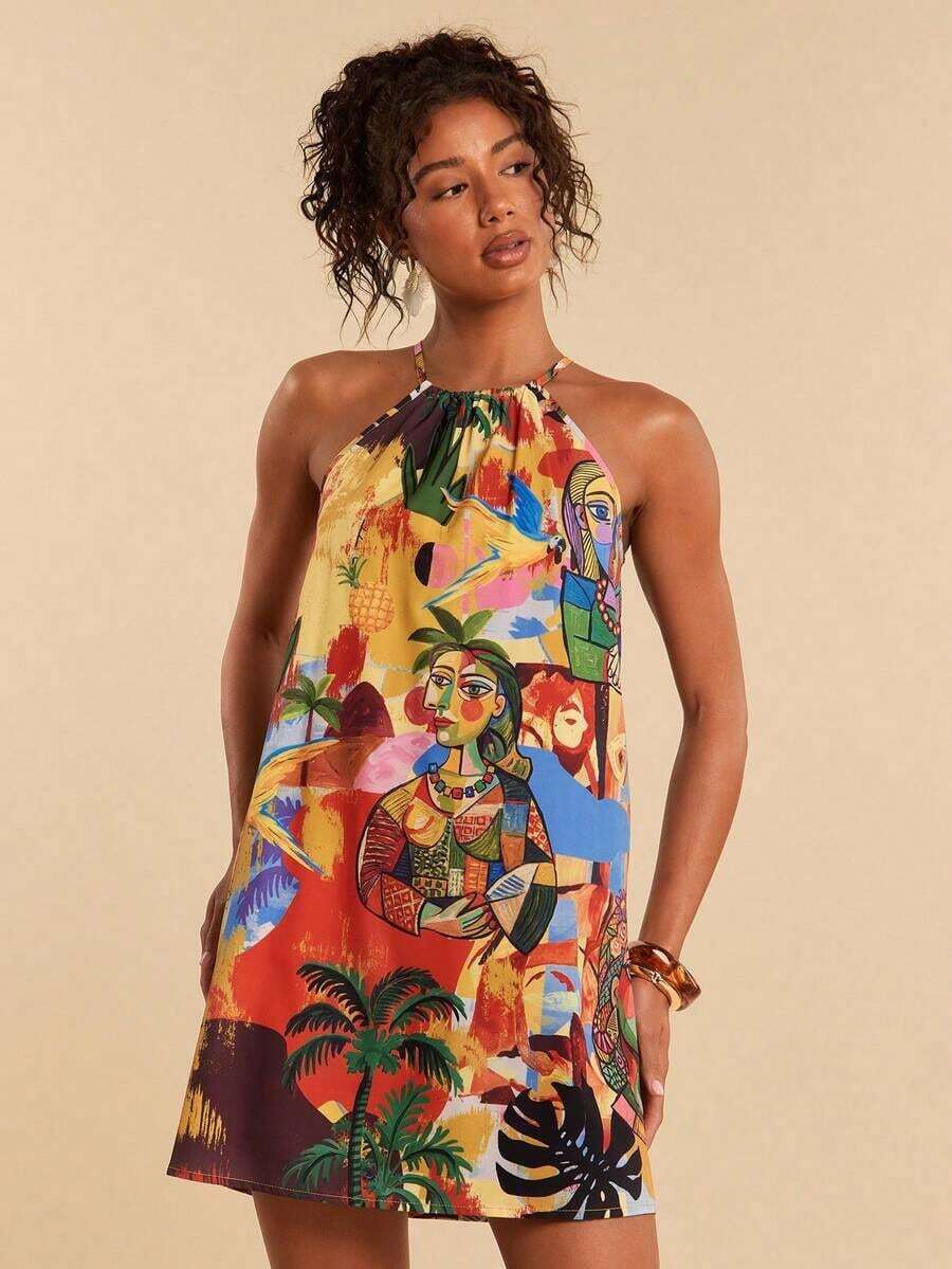Vestido corto holgado con hombros al descubierto y estampado tejido para mujeres para vacaciones - Multicolor 10 - Ver 1