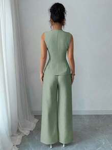Conjunto de 2 piezas elegante estilo francés con botón con diseño de flor para tiempo libre/commuter para mujer - Verde 3 - Ver 2