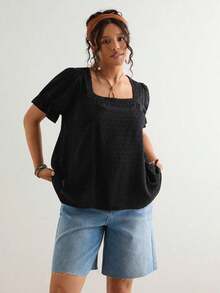 Blusa de manga corta con cuello cuadrado y parches de encaje de talla grande, blusa de manga abullonada - Marrón - Ver 6