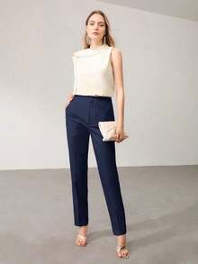 PREMIUM PANTALONES DE TRAJE AJUSTADOS CON COSTURA DELANTERA PARA MUJER - Azul marino - Ver 2