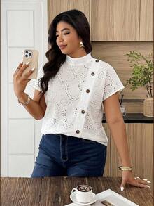 Weeklong Camisa suelta con botones y bordado de ojetes asimétrico, atuendo casual para diario/vacaciones, ropa de oficina - Blanco 2 - Ver 3