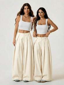 Pantalones anchos de verano con dobladillo curvo verde, estilo vintage, casual y para salir - Albaricoque - Ver 6