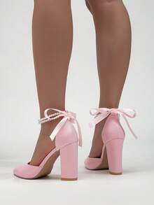 Sepatu Hak Tinggi Wanita Terbaru, Elegan, Seksi, Cocok untuk Pernikahan, Kencan, Pesta, Rantai Mutiara, Pita, Warna Solid, Ujung Lancip, Hak Tebal - Berwarna merah muda - View 7