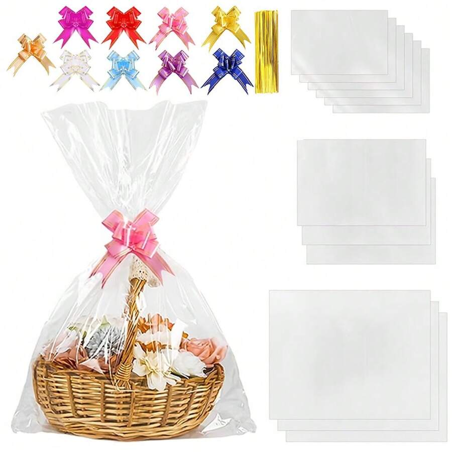 10/30pcs Small/Large Cellophane Bags With Gold Twist Ties, Colorful Bow,Clear Basket Bags OPP Plastic Cellophane Wrap For Gift Display, Christmas, Halloween, Valentine's Day And Birthday Party Gift Bag - View 1