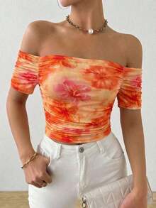 Camiseta de manga corta plisada con cuello recto en línea - Naranja - Ver 8