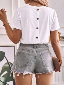 Selamara Camiseta casual versátil de talla grande para mujer con decoración de botones en la espalda, nueva para primavera/verano - Blanco - Ver 3