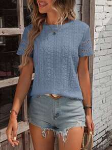 Blusa casual de cuello redondo de manga corta para mujer, con borde de encaje hueco y sencilla - Azul - Ver 6