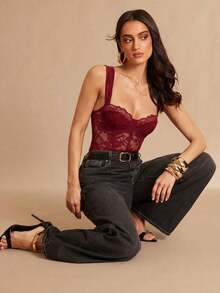 Body de encaje negro sexy, body de manga larga ajustado y transparente con parches de encaje, tirantes de espagueti, versátil para uso diario, citas y salir - Burdeos - Ver 7
