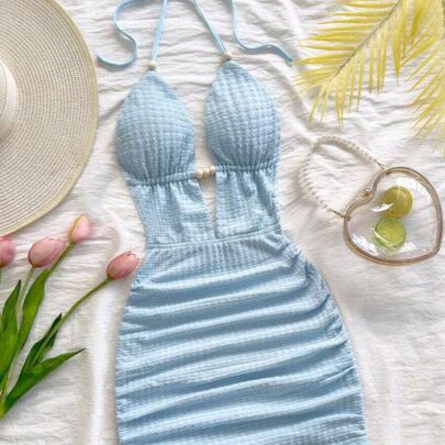 Women's Solid Color Spaghetti Strap Deep V-Neck Ruched Sexy Mini Dress - Celeste - Ver 1