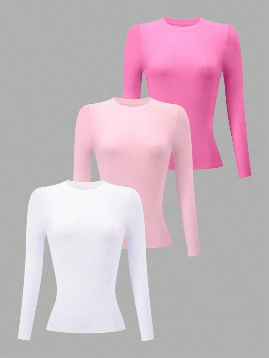 3 pack playeras dama blusa manga larga ultra comoda liguera moda minimalista basica estilo unico basico dulce divertido colorido ideal cita cumpleaños fiesta - Multicolor(RosaclaroBlancoRosafuerte) - Ver 1