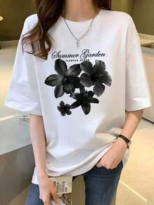 Women's Retro "Summer Garden" T-Shirt, Y2K Style, Summer Top, Fun And Cute Cartoon Letter Print, 100% Cotton Short-Sleeved White T-Shirt, Graphic T-Shirt, Pure Cotton T-Shirt, Chinese New Year, Lunar New Year, Year Of The Horse, Spring Festival, Happy New Year, Valentine's Day, Valentine's Day Gift, Gift For Her, Back-To-School Outfit, Campus Outfit Inspiration, Back-To-School Essential, First Day Of School Outfit, 2026 Back-To-School Outfit. - 1 - View 8