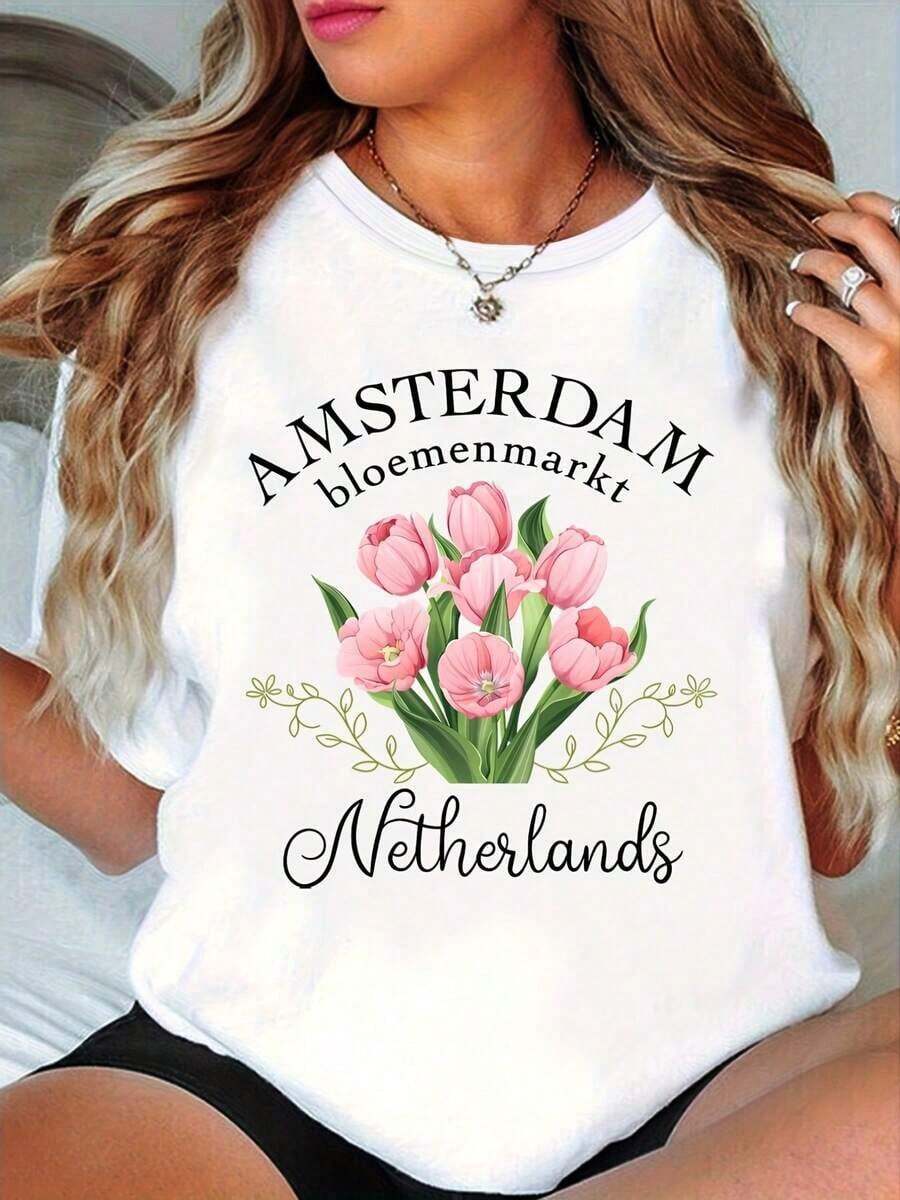 100% Cotton T-Shirt With Pink Tulip Print, Amsterdam T-Shirt, Amsterdam Travel Souvenir, Netherlands, Pink Floral T-Shirt, T-Shirt For Nature Lovers, Gift For Tulip Lovers - 白色 - 查看 1