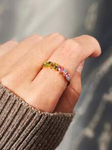 BALMORA 1pc Luxury Retro S925 Sterling Silver Inlaid Colorful Zirconia Ring, Suitable For Daily Wear, Parties, Commuting, Music Festivals, Formal Occasions - Gold - View 2