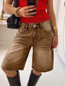 Quần short denim nữ kiểu dáng thường ngày, có túi và cúc. - màu nâu - Xem 4