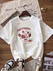 Camiseta casual rosa de algodón para mujer con estampado gráfico de fresas, manga corta, cuello redondo, corte regular, ideal para uso diario.--Camiseta cómoda y relajada para el ocio - Blanco - Ver 4