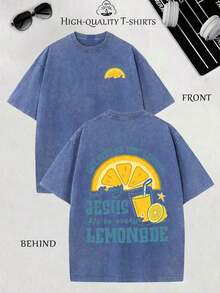 Men's 2026 Vintage Style Lemonade Print T-Shirt - Vintage Lemonade Design With Lemons And An Image Of Jesus On The Front And Back, Short-Sleeved T-Shirt With A Distressed Effect, Casual Summer Lemonade Stand Theme, Crew Neck, Available In Large And Extra-Large Sizes, High-Quality Wax-Printed Cotton Retro Fashion Brand T-Shirt, Men's T-Shirt, Beach Must-Have, Summer T-Shirt For Men, Holiday Gift, Perfect Gift, Women's Graphic Tees, Graphic Tee, T-Shirts (Retro Style, Heavyweight, Unisex). - 杏色 - 查看 6