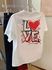 Women's Casual Short Sleeve T-Shirt For Summer Vacation, With Front And Back Print - LOVE,  Heart Print - Fashionable Women's Print T-Shirt For Spring/Summer, Fashion Item - 白色 - 查看 2
