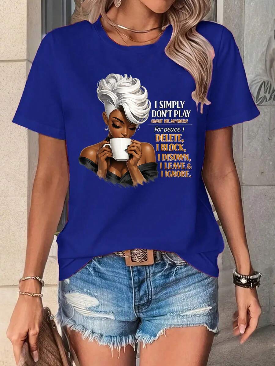 Camiseta de Verano Premium Estampada para Mujer - Corte Holgado, Cuello Redondo - Secado Rápido, Transpirable, Tallas S-2XL, Manga Corta, Hombro Regular, Corte Regular, Moda Primavera/Verano, Top Casual Sexy para Combinar (Lavable a Máquina) - Camiseta Estampada Negra para Mujer - Azul - Ver 1