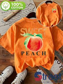 Camiseta estampada de alta gama para mujer, estampado de melocotón dulce, vibrante y juvenil, para uso diario/veraniego, estampado a doble cara en la parte delantera y trasera, diseño sencillo y moderno, ropa casual de verano transpirable, unisex. - Negro - Ver 7