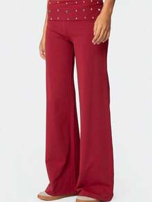 Women's Wide Leg Pants Elastic Waist Loose Casual Metallic Studs Decor Fashion Lounge Trousers - Rojo - Ver 2