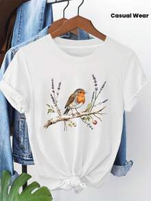 Lightweight Outfit For Vacation, Casual And Everyday Wear, Fresh And Natural Style, Fashionable Casual Loose Women's T-Shirt With Round Neck And Bird Print For Spring-Summer. - 白色 - 查看 2