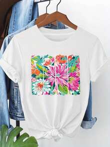 1 camiseta de verano con estampado floral colorido, camiseta casual de manga corta y cuello redondo para mujer, ropa casual diaria, regalo para vacaciones, 180g 100% algodón. - Blanco - Ver 1