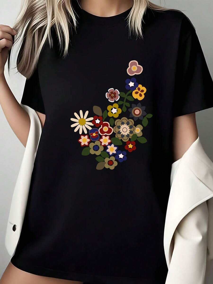 1 camiseta negra con estampado floral, top holgado informal de moda para mujer, 180g 100% algodón. - Negro - Ver 1