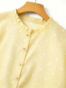Blusa de mujer con cuello redondo, sin mangas, abotonada, con volantes y estampado de lunares vintage francés, versátil para el trabajo, el té de la tarde y el uso diario, suelta y casual - Verde militar - Ver 9
