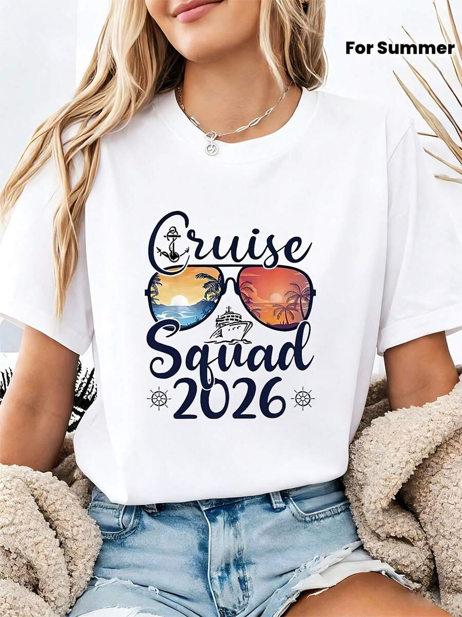 Women's Short-Sleeved T-Shirt With Round Neck, Featuring A Graphic Print From The  Trendy2026 Cruise Ship Squad Sunglasses Sea View Collection, Fresh And Vibrant, For Everyday Use In Spring/Summer. - 白色 - 查看 1