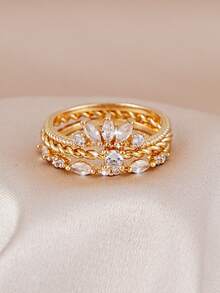 Bộ 3 chiếc nhẫn Cubic Zirconia tinh tế, thích hợp cho nữ đeo hàng ngày, hẹn hò, đám cưới, tiệc tùng, đeo nhiều chiếc cùng lúc, làm quà tặng cô dâu. - Vàng - Xem 4