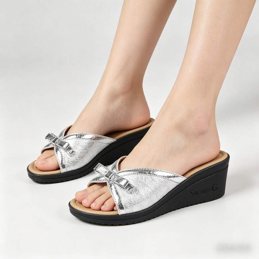 Women's Silver Bow Wedge Slide Sandals, Open Toe Slip-On Platform Wedge Slippers, Comfortable Non-Slip Summer Casual Shoes - Silver - View 1