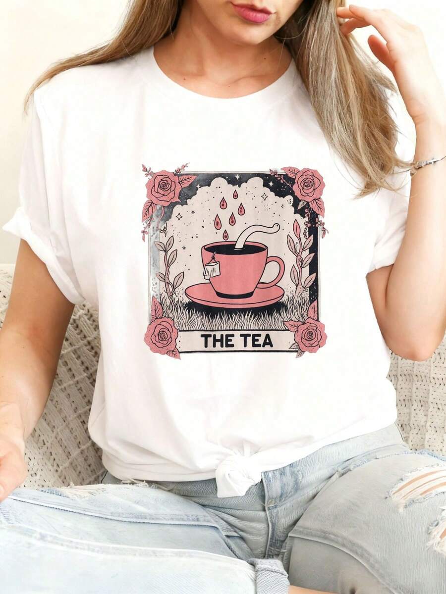 1 Piece Of Women's Easter Teacup Print T-Shirt | Light Brown Hair Combined With A Pink Rose And Tea Leaf Design, Casual Black T-Shirt, Light Blue Ripped Jeans Style - The Perfect Spring/Easter Gift For Her. 180g 100% Cotton. - 白色 - 查看 1
