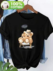 1 camiseta estampada para mujer - lindo osito de peluche con gafas y estampado "You are yourself", corte holgado, cuello redondo, manga corta, adecuada para uso casual en primavera y verano, camiseta de osito de peluche, camiseta cómoda para el día a día, camiseta con diseño divertido. 100% algodón, 180g. - Negro - Ver 2