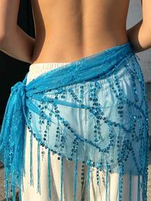 Women Belly Dance Sequin Tassel Hip Scarf Triangle Belt Wrap Skirts Music Festival Sheer Mesh Waist Chain - 藍色 - 查看 3