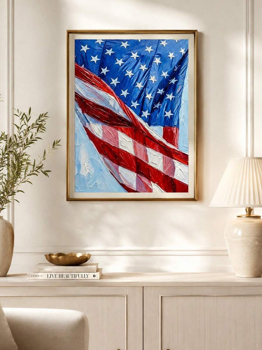 1幅复古厚涂肌理美国国旗装饰画 | 油画风格爱国艺术海报 | 适用于客厅、玄关、家庭办公室、客房和咖啡馆的墙面装饰 | 无框 - 抽象 - 查看 1
