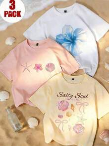 Camiseta de manga corta y cuello redondo, no de 3 piezas, estampada con motivos florales, de estrellas de mar y de conchas, adecuada para uso casual diario, moderna y versátil, ideal para vacaciones en la playa, apta para mujeres. - Blanco - Ver 7