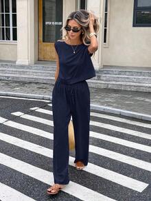 Conjunto de 2 piezas de chaleco y pantalones a cuadros casuales de vacaciones para mujer - Azul marino - Ver 2