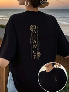 Women's T-Shirt With Front And Back Print, Balanced Design, Round Neck,  Casual Style, Short Sleeves, Suitable For Fitness In All Seasons And Everyday Wear, Top With A Fun Print Design. Elegant Party Outfit, T-Shirt For Stylish Ladies, Blouses Suitable For Curvy Women, Prom Skirts, Casual Wear - 黑色 - 查看 1