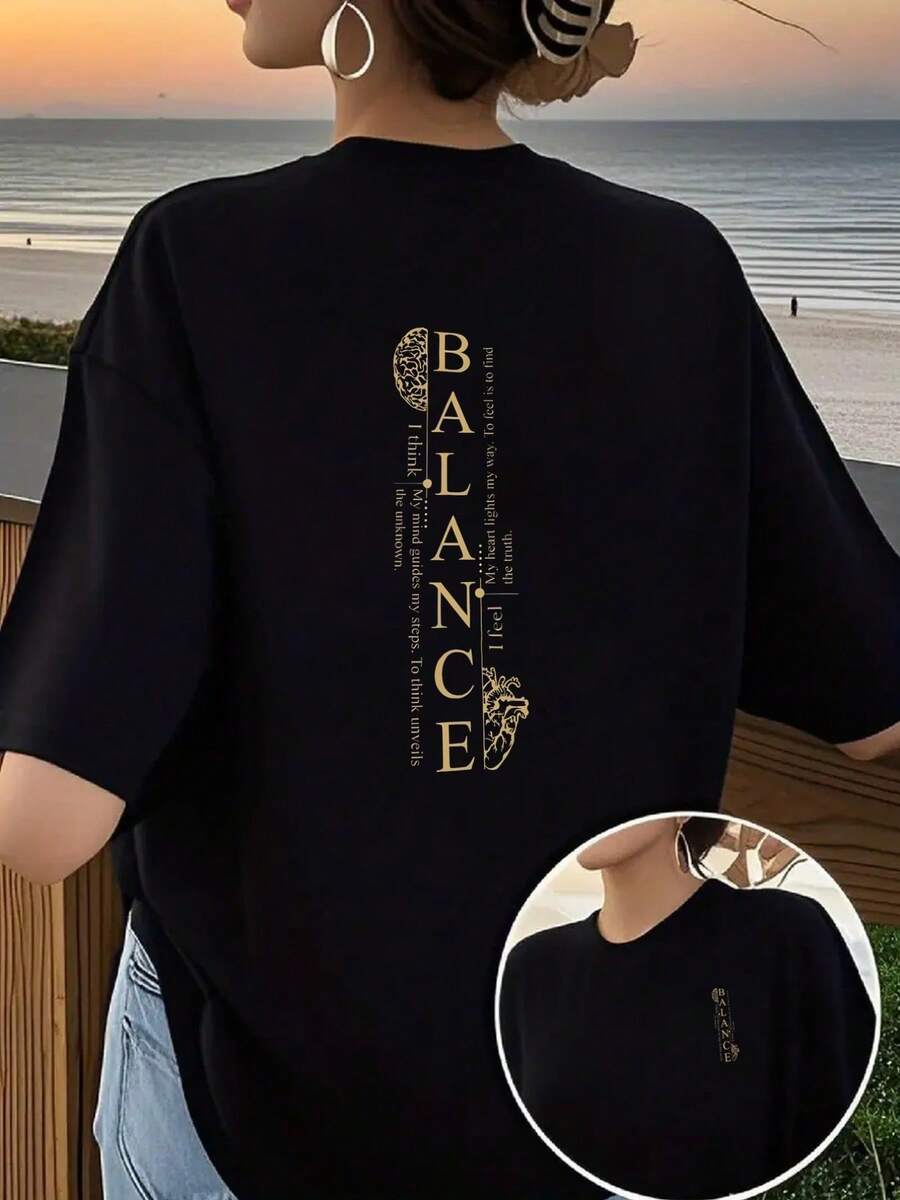 Women's T-Shirt With Front And Back Print, Balanced Design, Round Neck, Casual Style, Short Sleeves, Suitable For Fitness In All Seasons And Everyday Wear, Top With A Fun Print Design. Elegant Party Outfit, T-Shirt For Stylish Ladies, Blouses Suitable For Curvy Women, Prom Skirts, Casual Wear - 黑色 - 查看 1