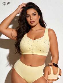 Plus Size Women Printed Front Button Wireless Bra, Seamless Comfortable Casual Underwear - Apricot - View 4