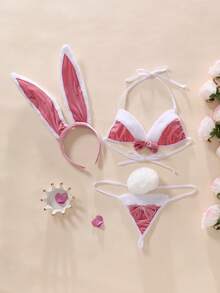 ROMWE Kawaii Set Cosplay Kelinci Pink Berbulu Halus, Bikini Halter Berbulu Halus 3 Potong, Cocok untuk Pasangan Intim - Berwarna merah muda - View 9